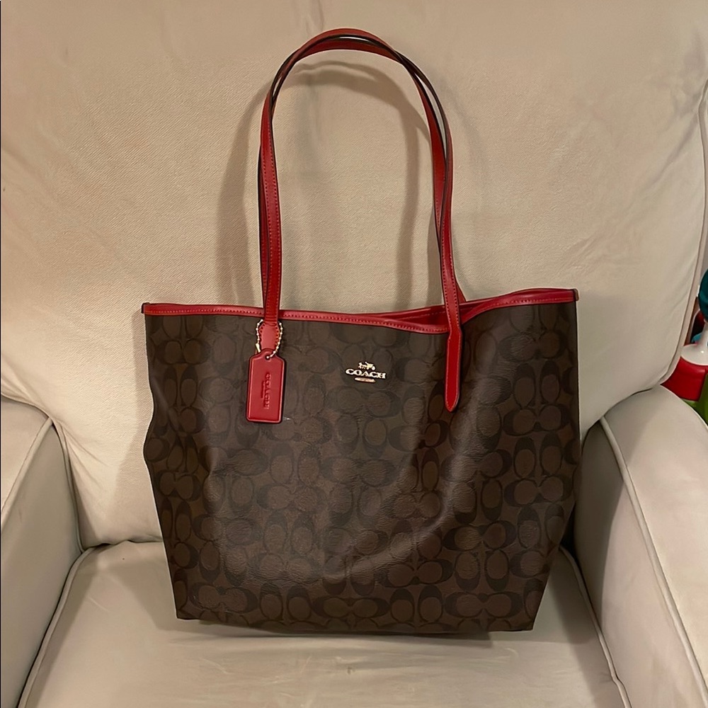 Coach Signature Brown Tote with Red Accents